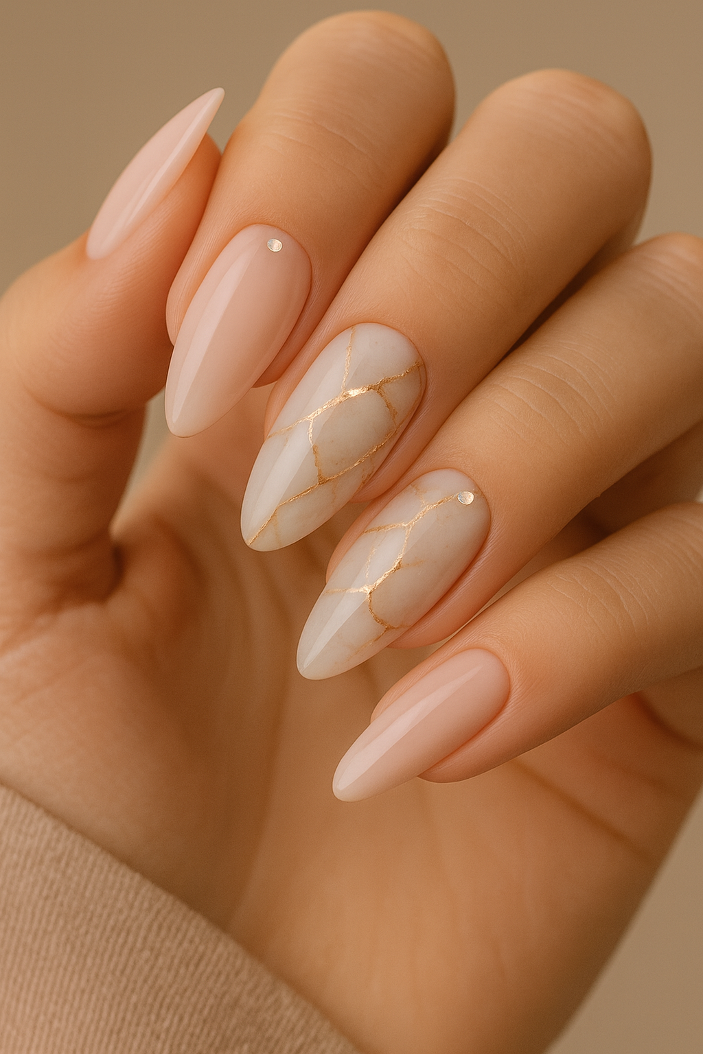 Nude almond nails with white marble design and gold detailing.