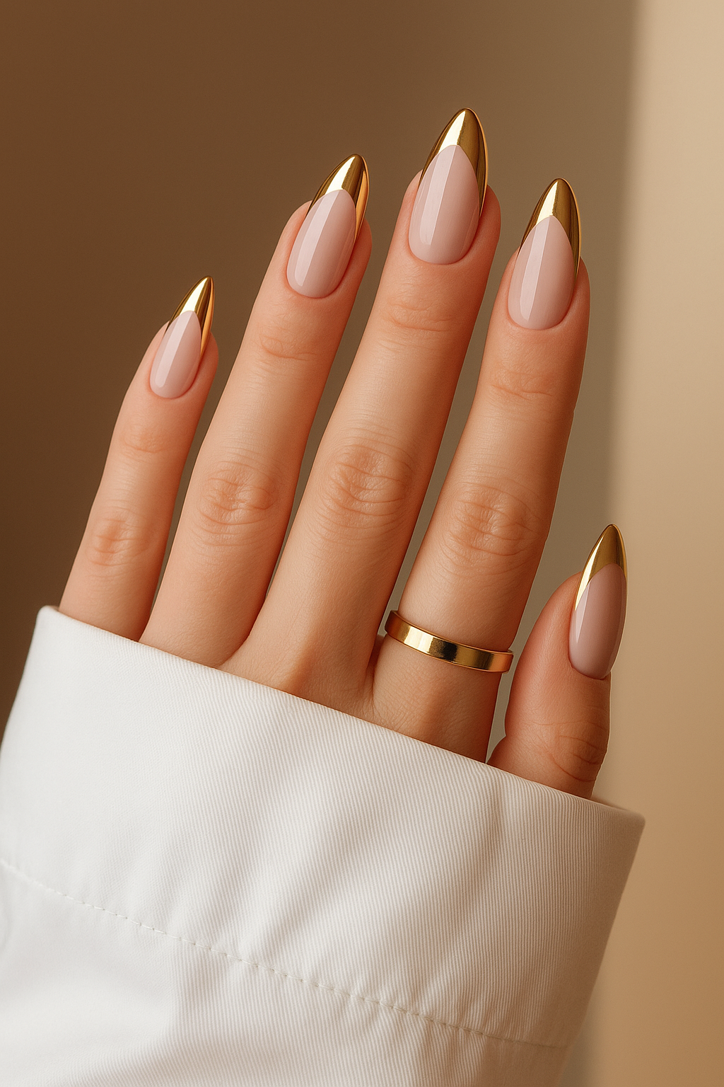 Professional nude almond nails with gold tips