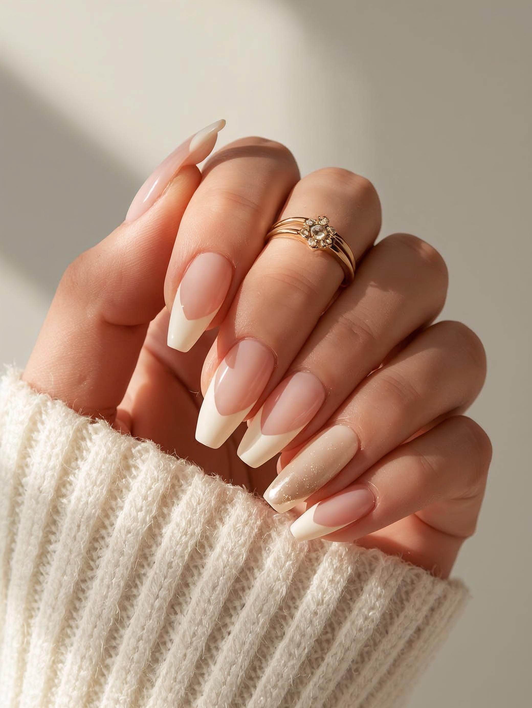 Almond nude nails with soft white French tips and a simple accent nail