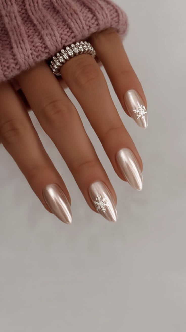 Almond pearl-chrome nails with white snowflake accent