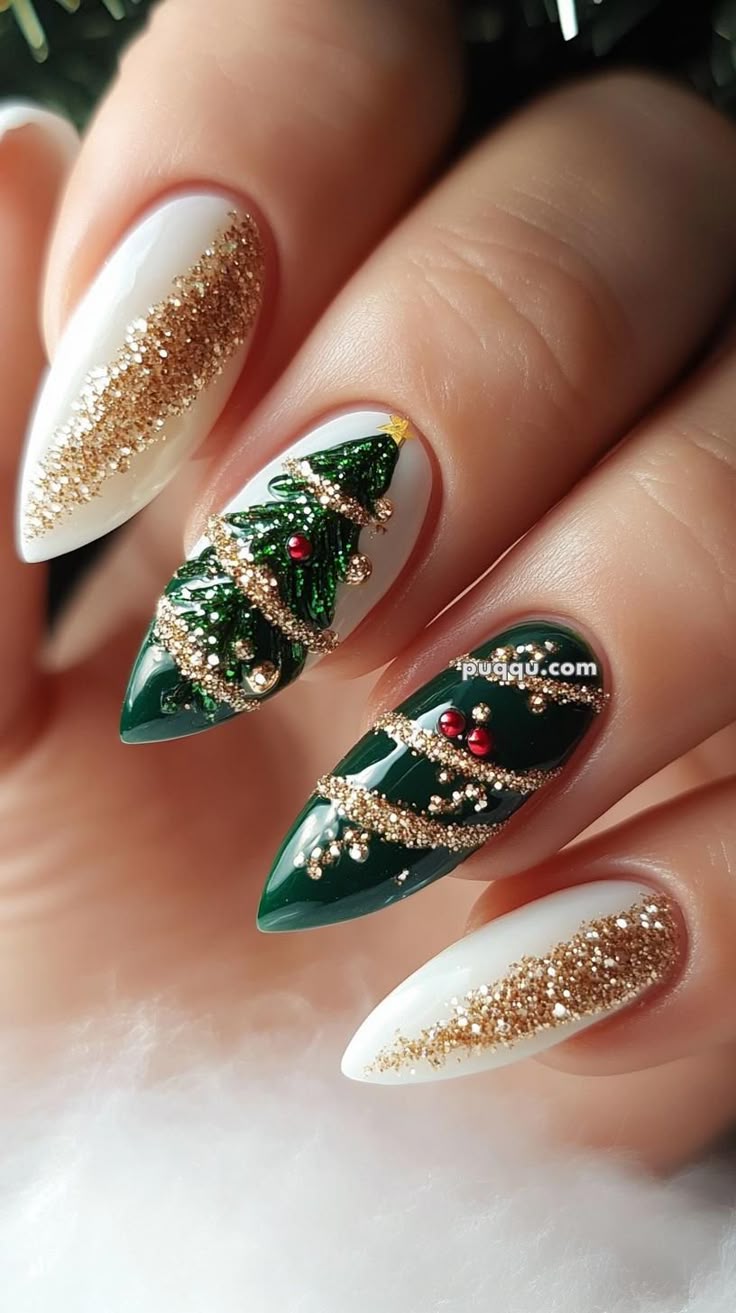 Green Christmas tree nails with gold glitter accents
