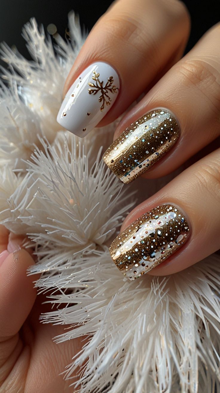 White and gold glitter nails with snowflake design