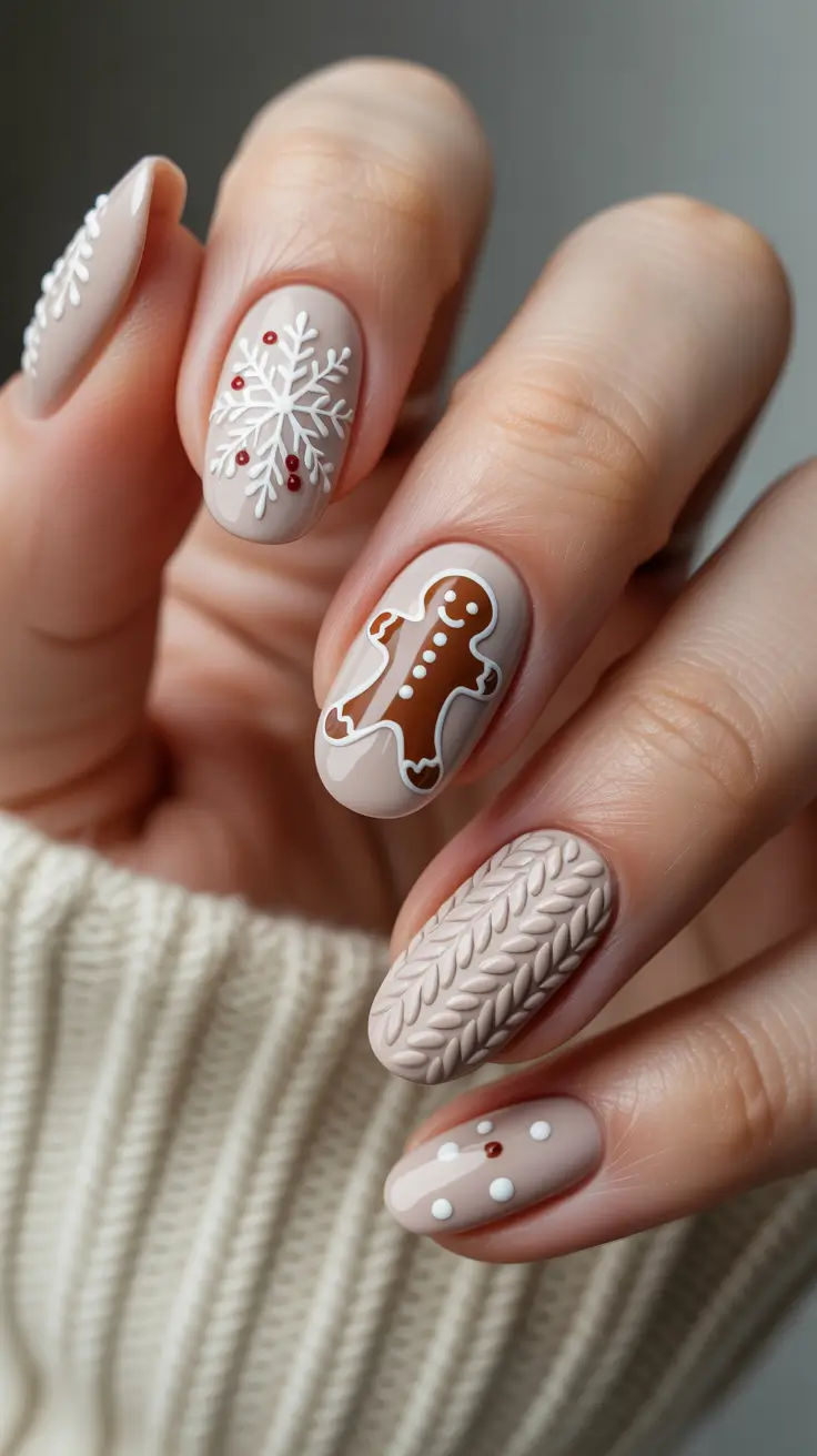Nude nails with gingerbread art, snowflakes, and sweater texture design