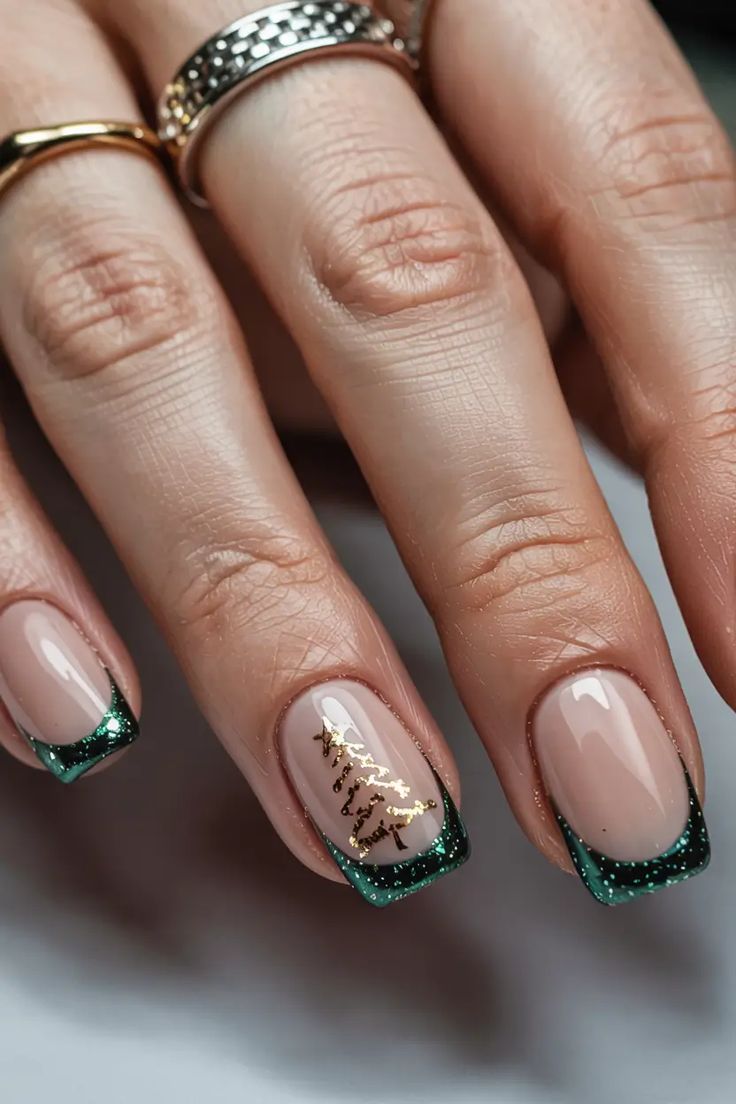 Nude square nails with emerald glitter French tips and gold tree art