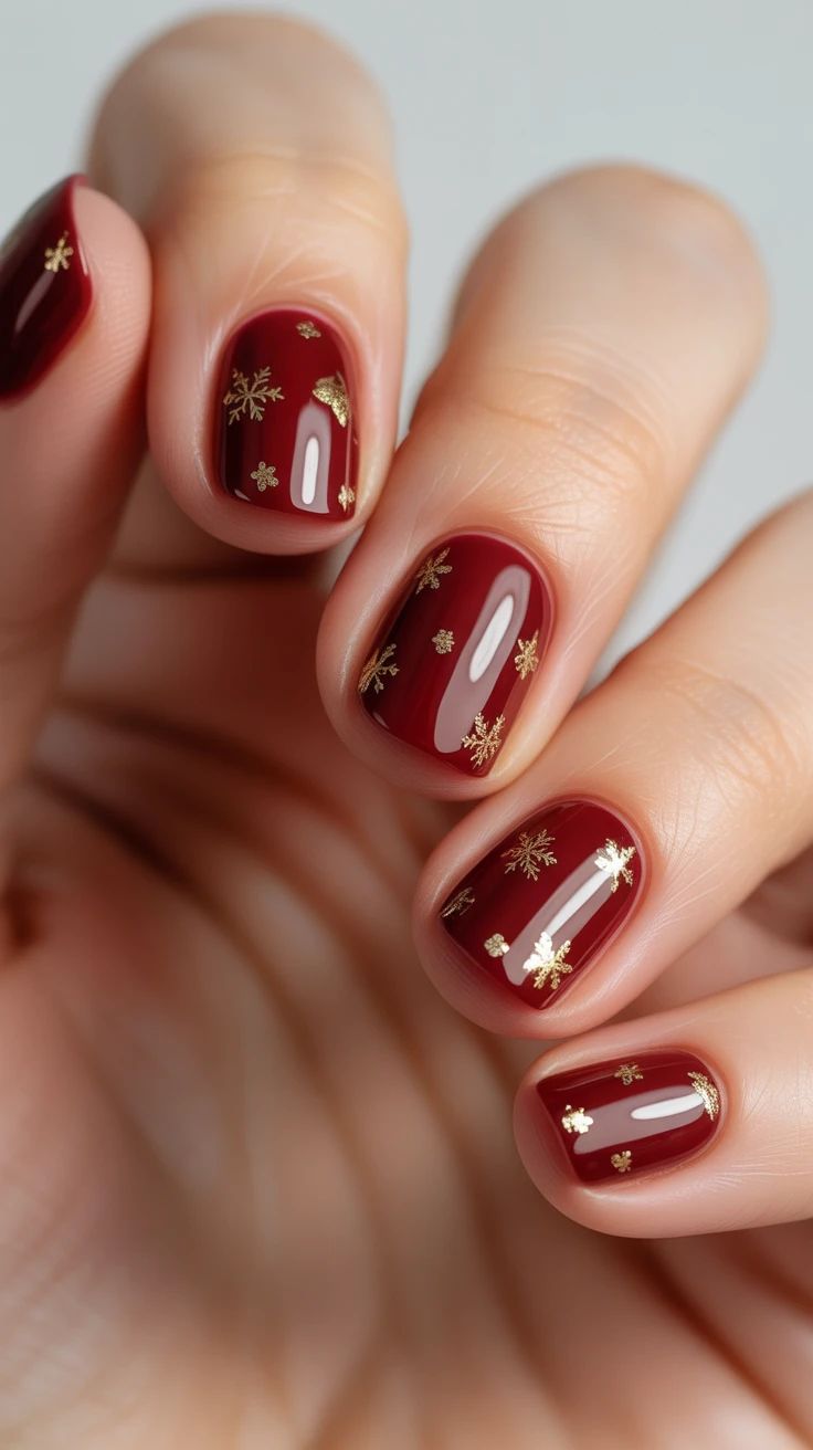 Short burgundy nails with gold snowflake accents